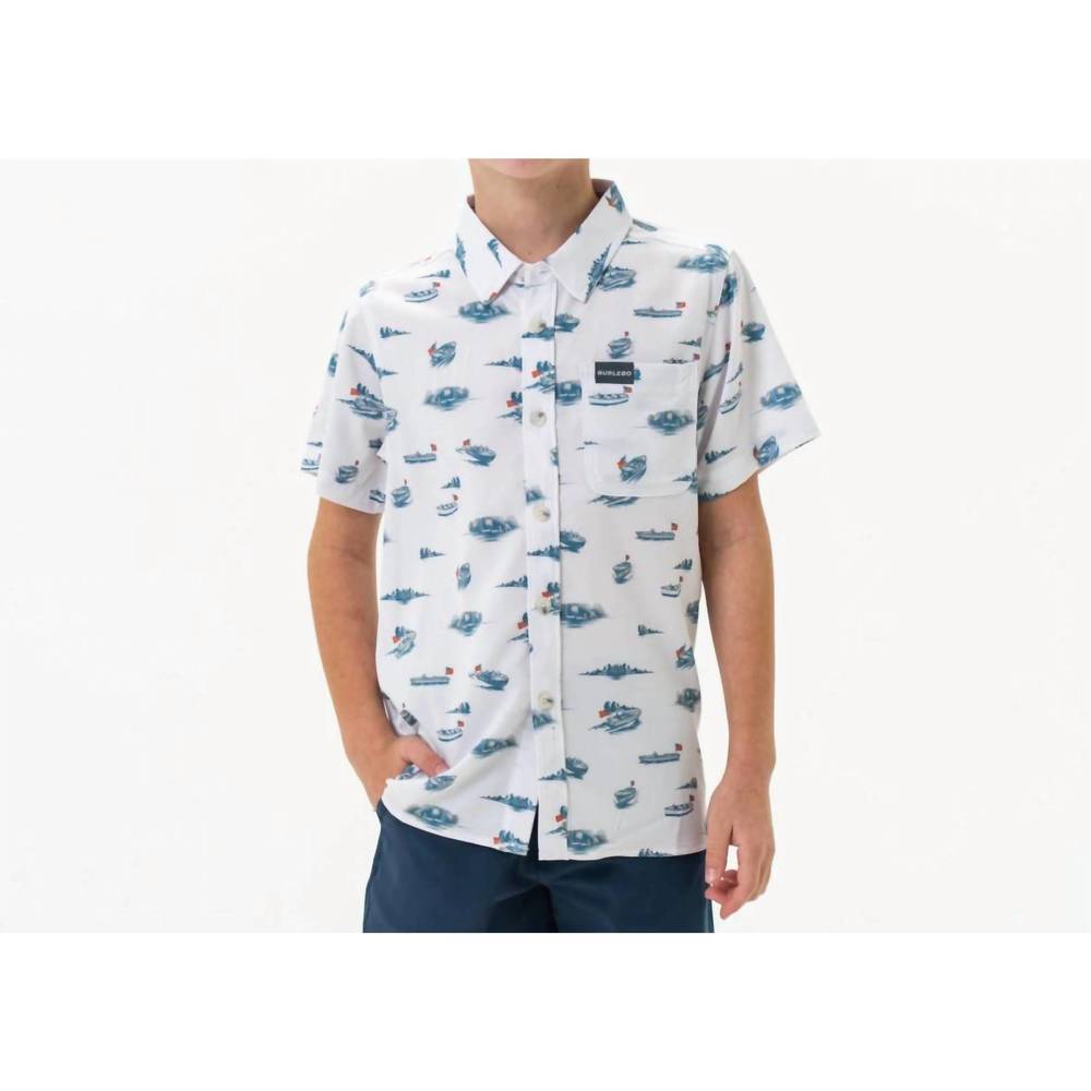 NEW BURLEBO boy's youth perf button up in lake weekend